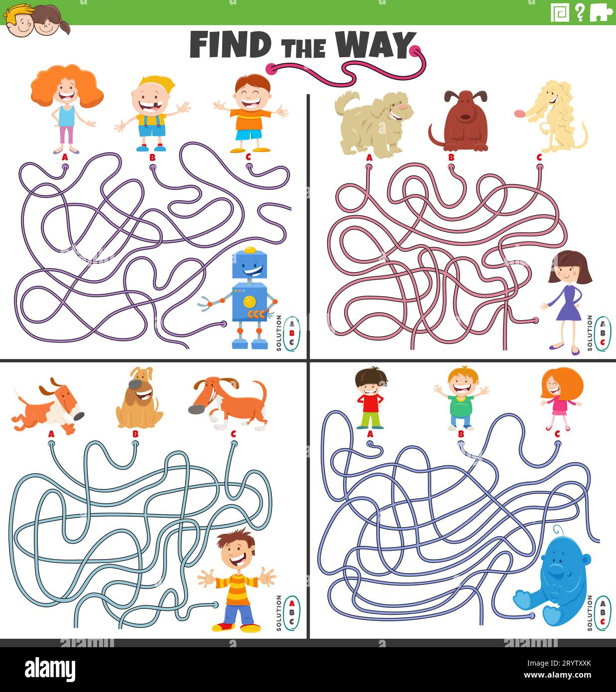 https://c8.alamy.com/comp/2RYTXXK/cartoon-illustration-of-find-the-way-maze-puzzle-games-set-with-children-and-dogs-and-toys-2RYTXXK.jpg