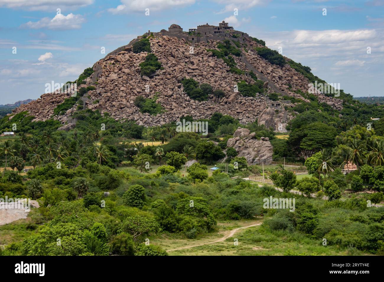 View of the Queen's fort in the Gingee Fort complex in Villupuram district, Tamil Nadu, India. Focus set on hill rocks. Stock Photo