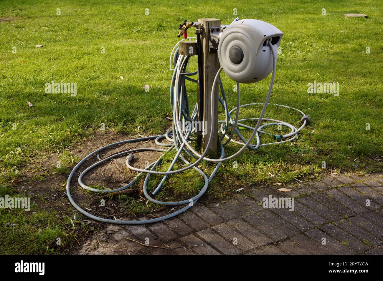 Garden hose reel on green lawn in backyard Stock Photo