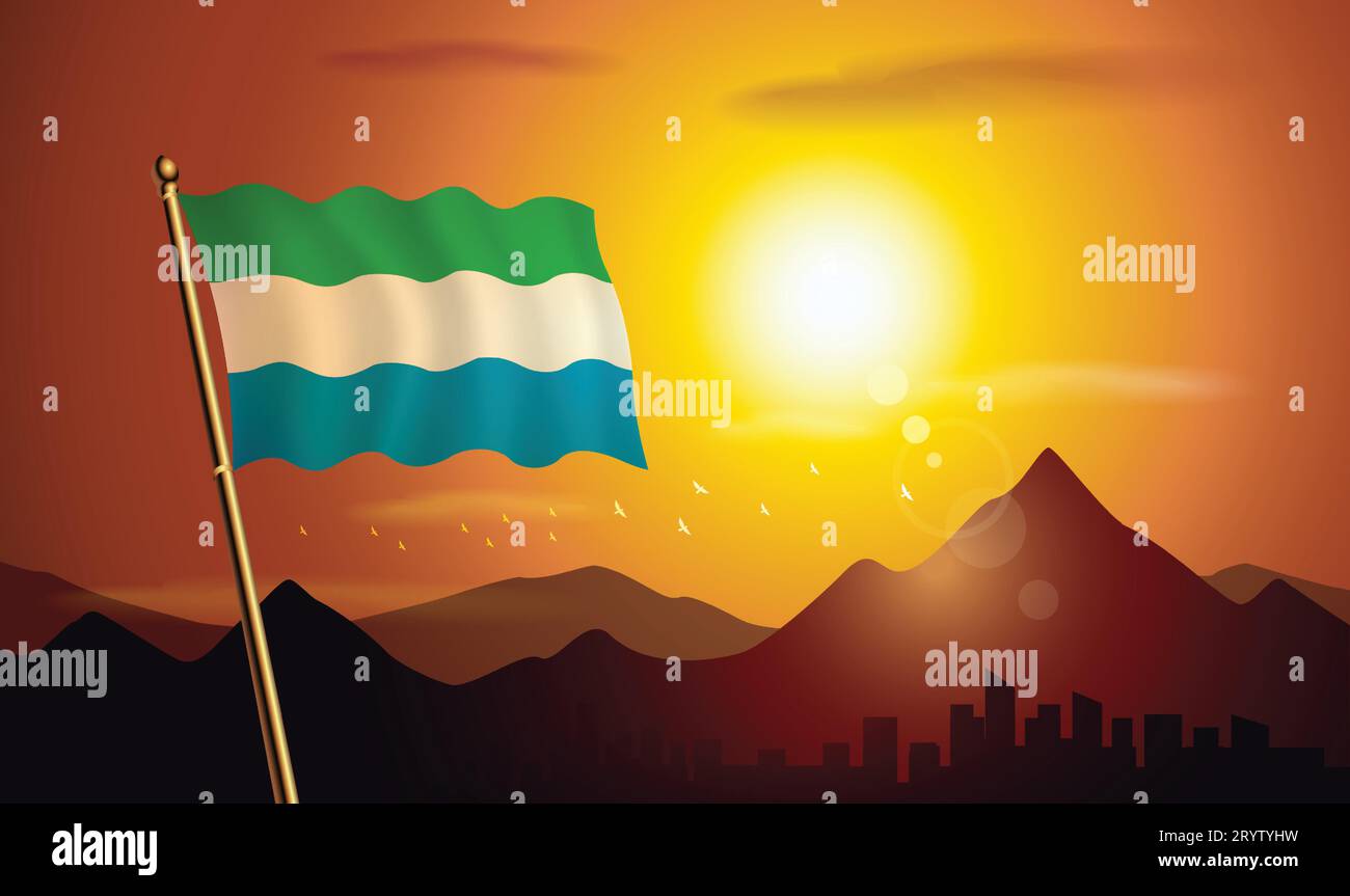 Sierra Leone flag with sunset background of mountains and lakes Stock ...