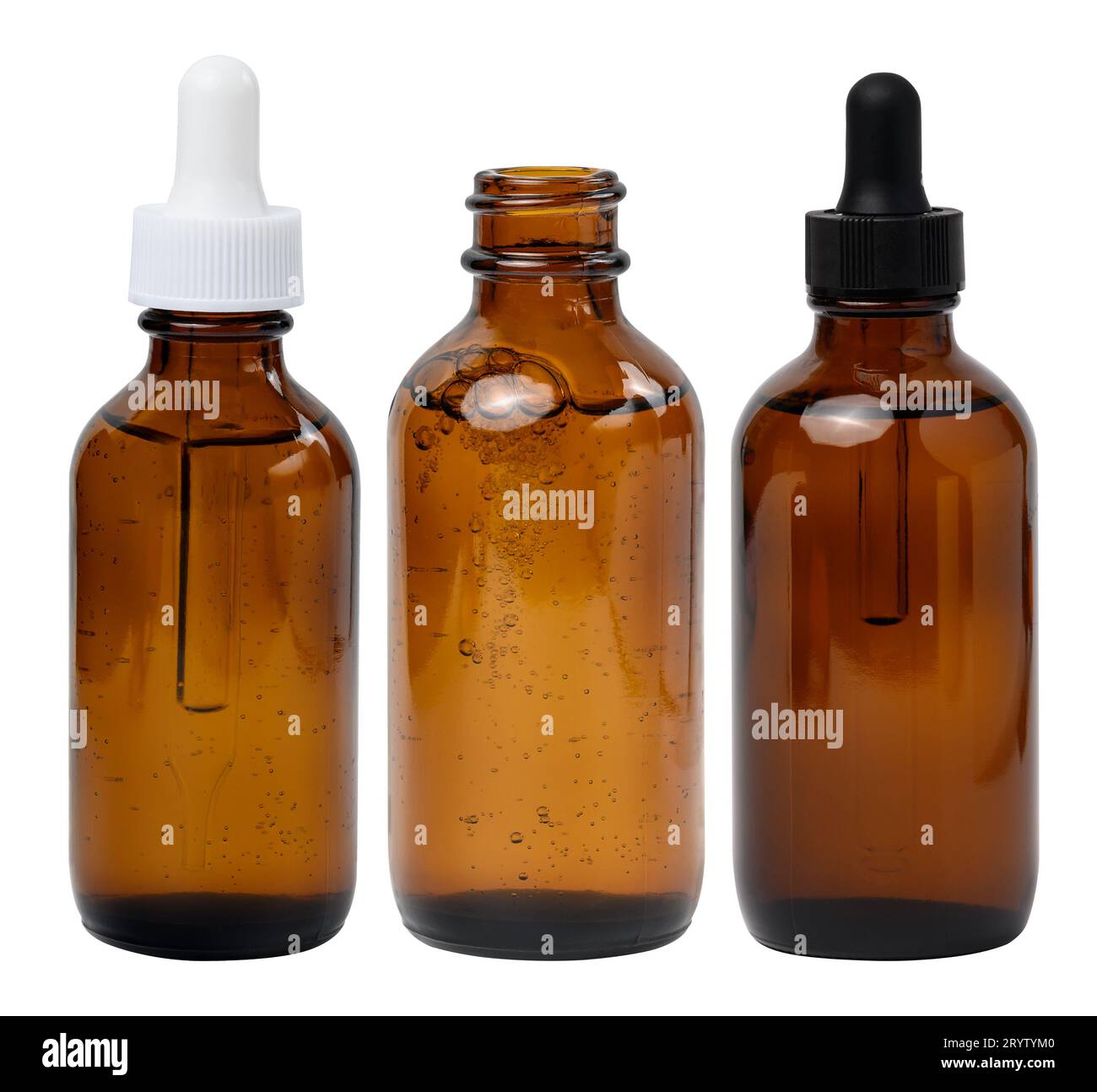 A glass brown bottle with a dropper on a white isolated background, a
