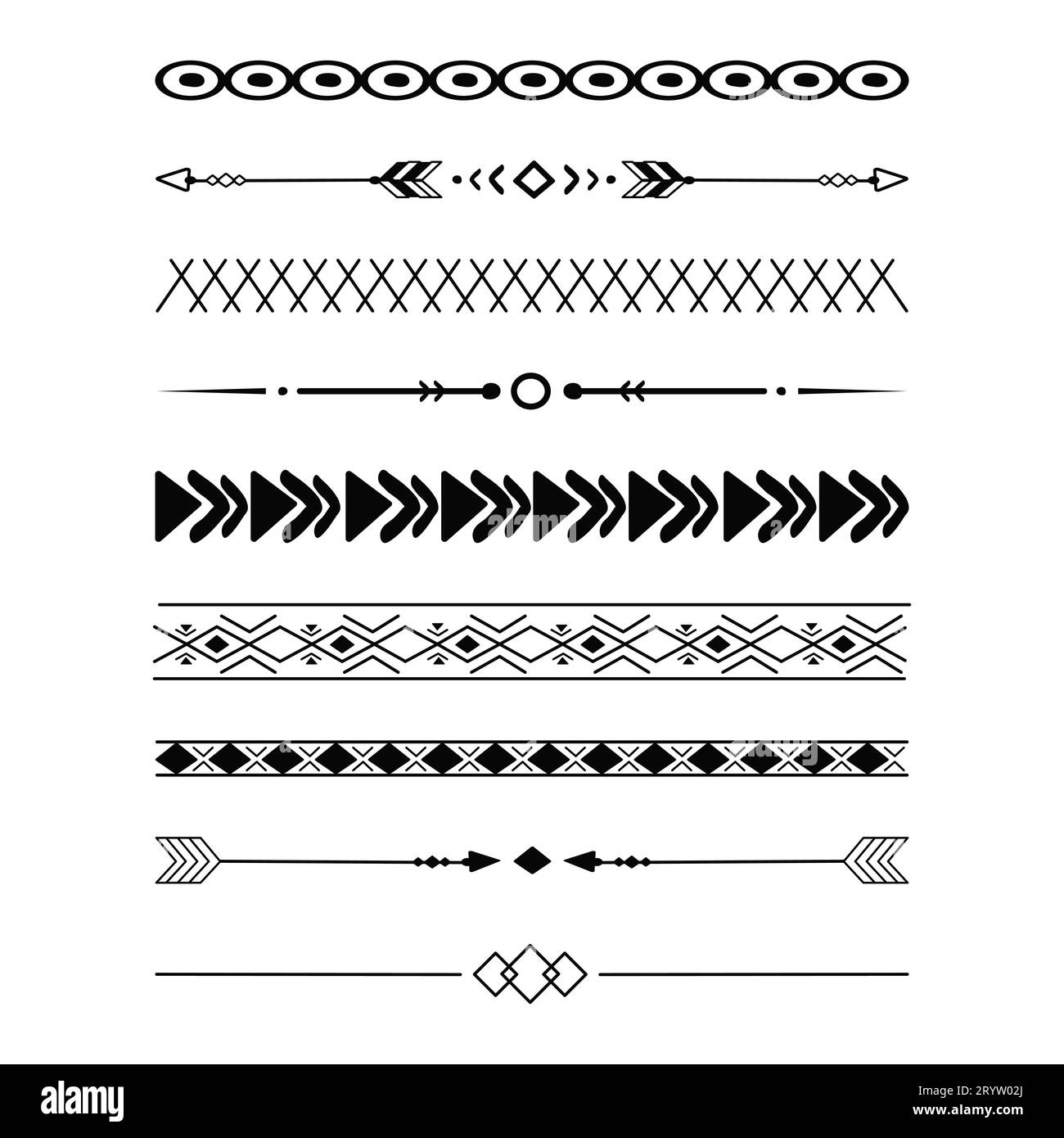 Set tribal ethnic arrow dividers, native indian bow boho in doodle style isolated on white background. Collection borders, decoration elements. Vector illustration Stock Vector