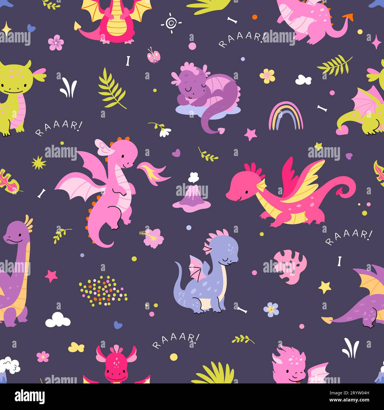 Cartoon dragon seamless pattern. Cute dragons and rainbow childish fabric print. Mythology animal characters, funny flat nowaday vector template Stock Vector