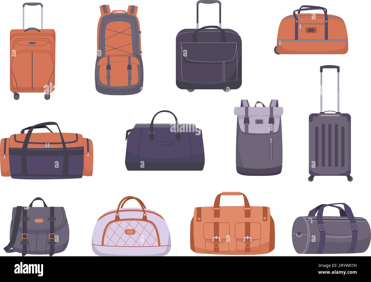 Travel luggage, bags and suitcases. Fabric backpack and plastic suitcase, touristic handbag. Isolated flat tourism baggage, kicky vector clipart Stock Vector