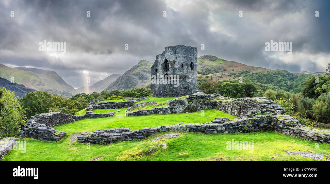 This is the 13th century fortress of Dolpadarn Castle built by Llewelyn the Great in the Welsh village of Llanberis in the Snowdonia National Park Stock Photo