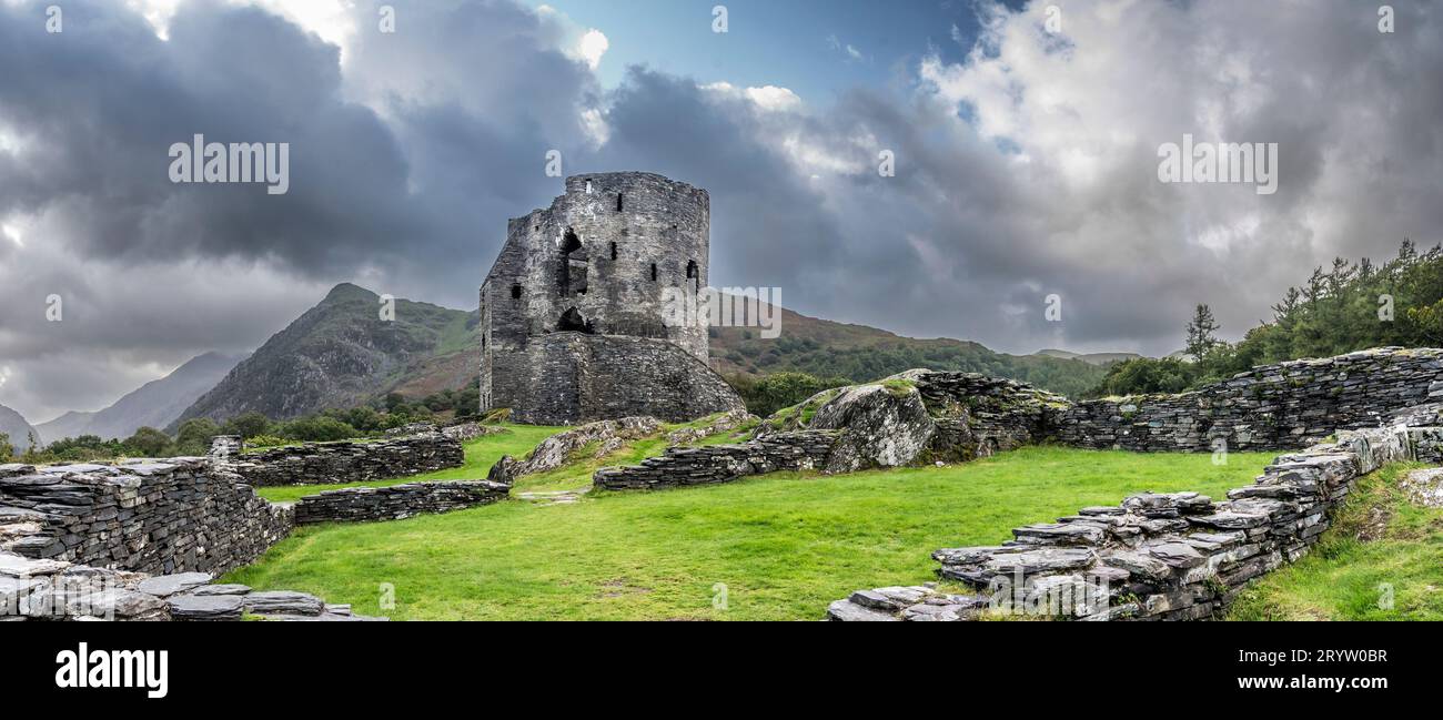 This is the 13th century fortress of Dolpadarn Castle built by Llewelyn the Great in the Welsh village of Llanberis in the Snowdonia National Park Stock Photo