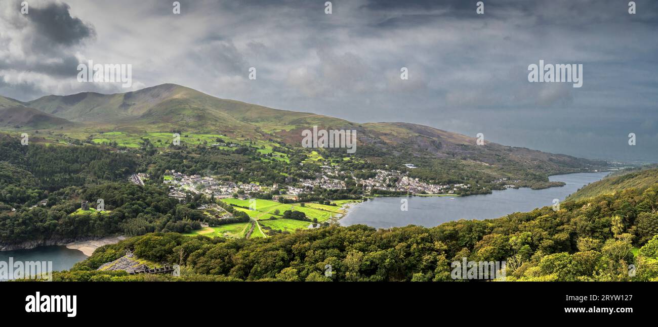 Aerial view overlooking the Welsh village of Llanberis and Llyn Padarn lake from the abandoned Dinorwig slate quarry in the Snowdonia National Park Stock Photo