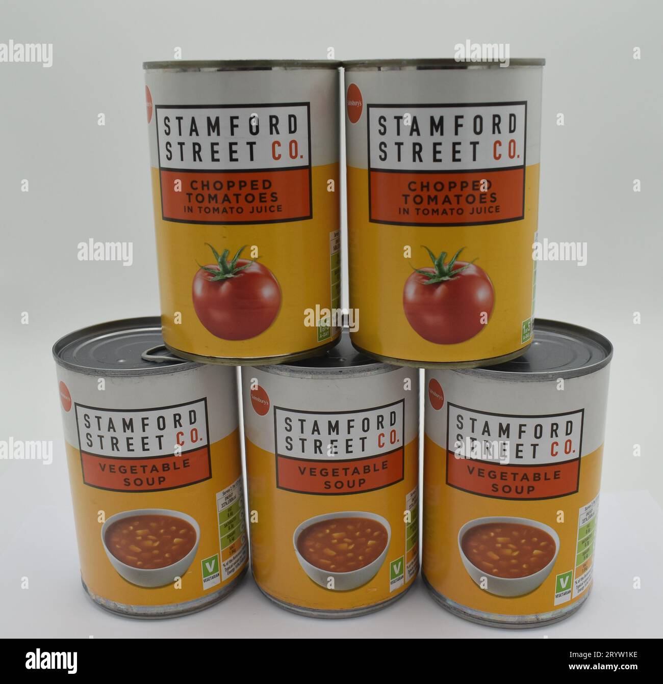Sainsbury's supermarket has moved its value brands, including tinned soup and tinned tomatoes, to a new label - Stamford Street Co. Stock Photo