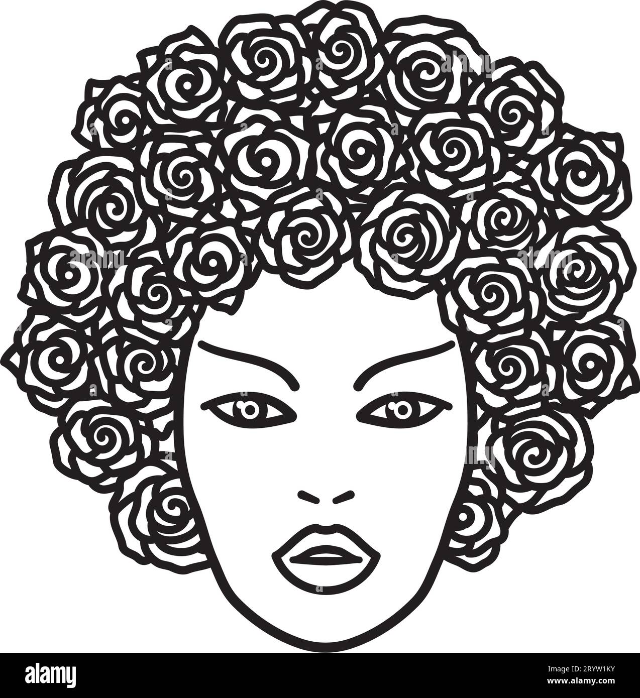 Face of beautiful woman with rose flowers as her hair vector line icon