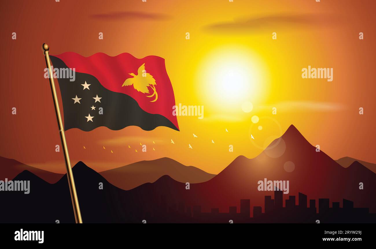Papua New Guinea flag with sunset background of mountains and lakes Stock Vector