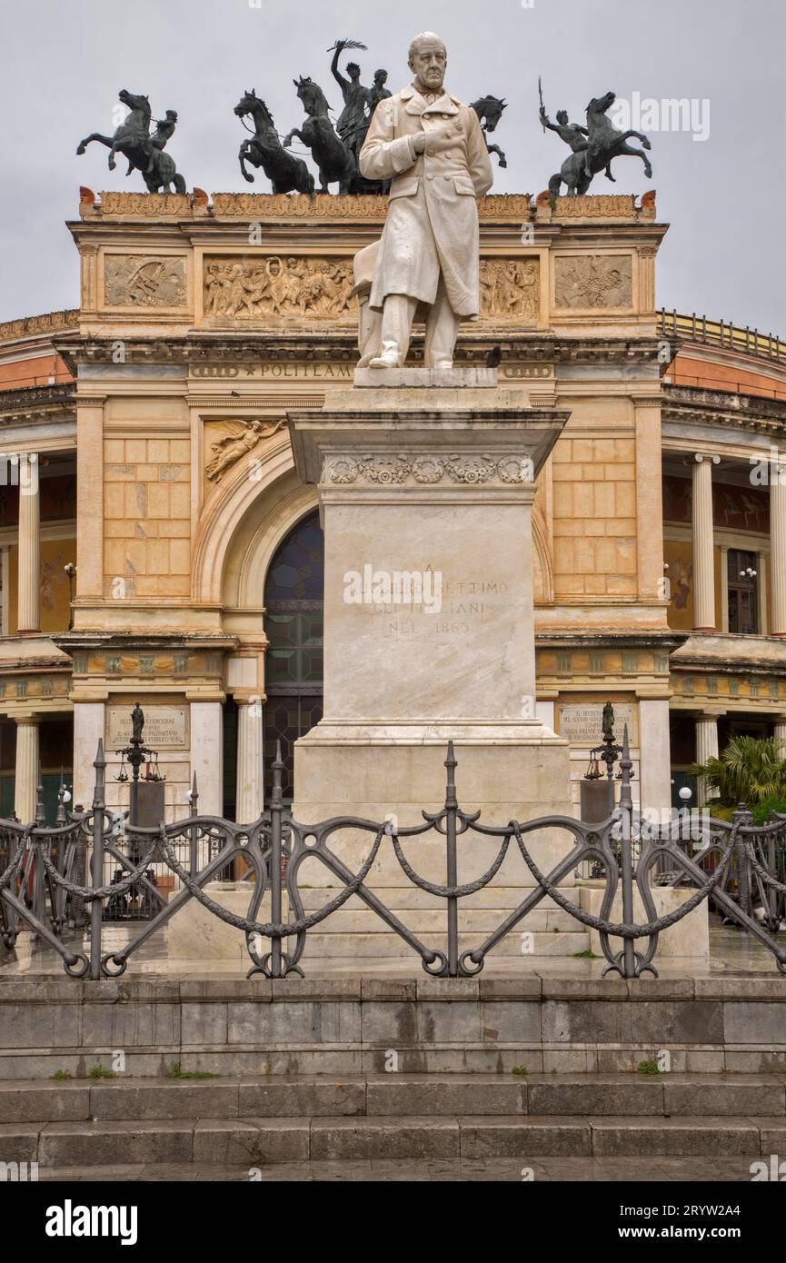 Monument to Ruggero Settimo in front of Politeama Garibaldi theatre in Palermo. Sicily island. Italy Stock Photo