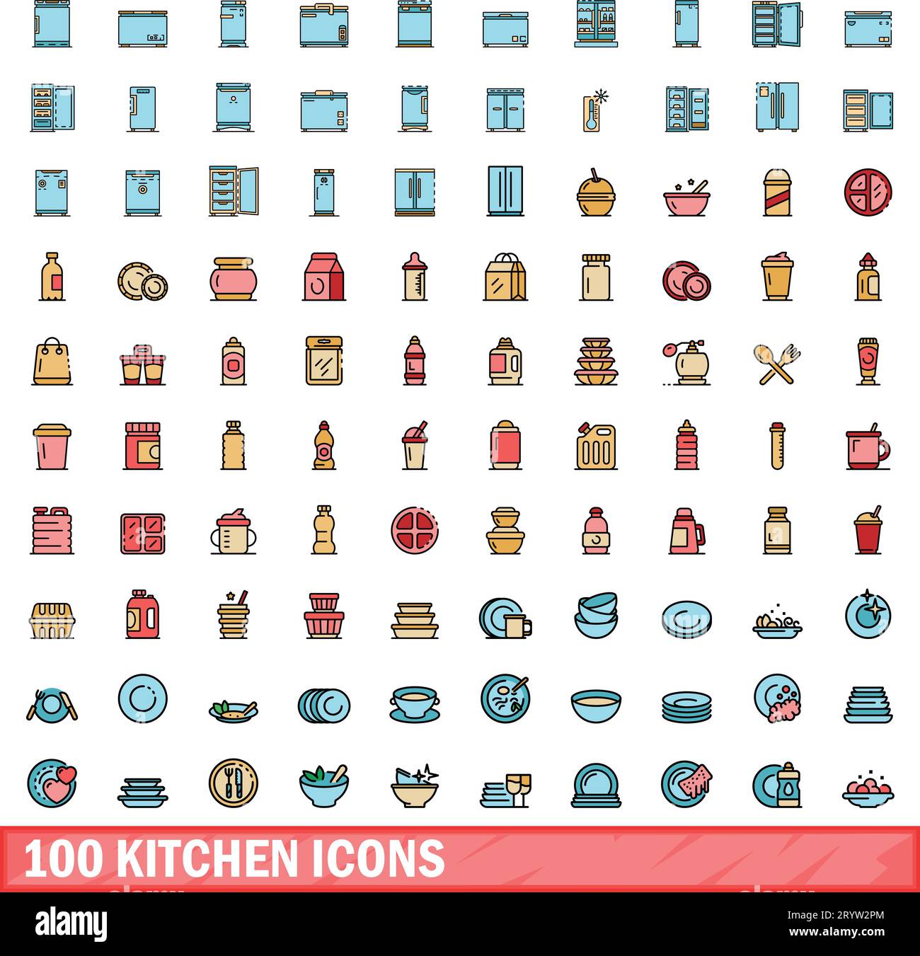 100 kitchen icons set. Color line set of kitchen vector icons thin line color flat on white Stock Vector