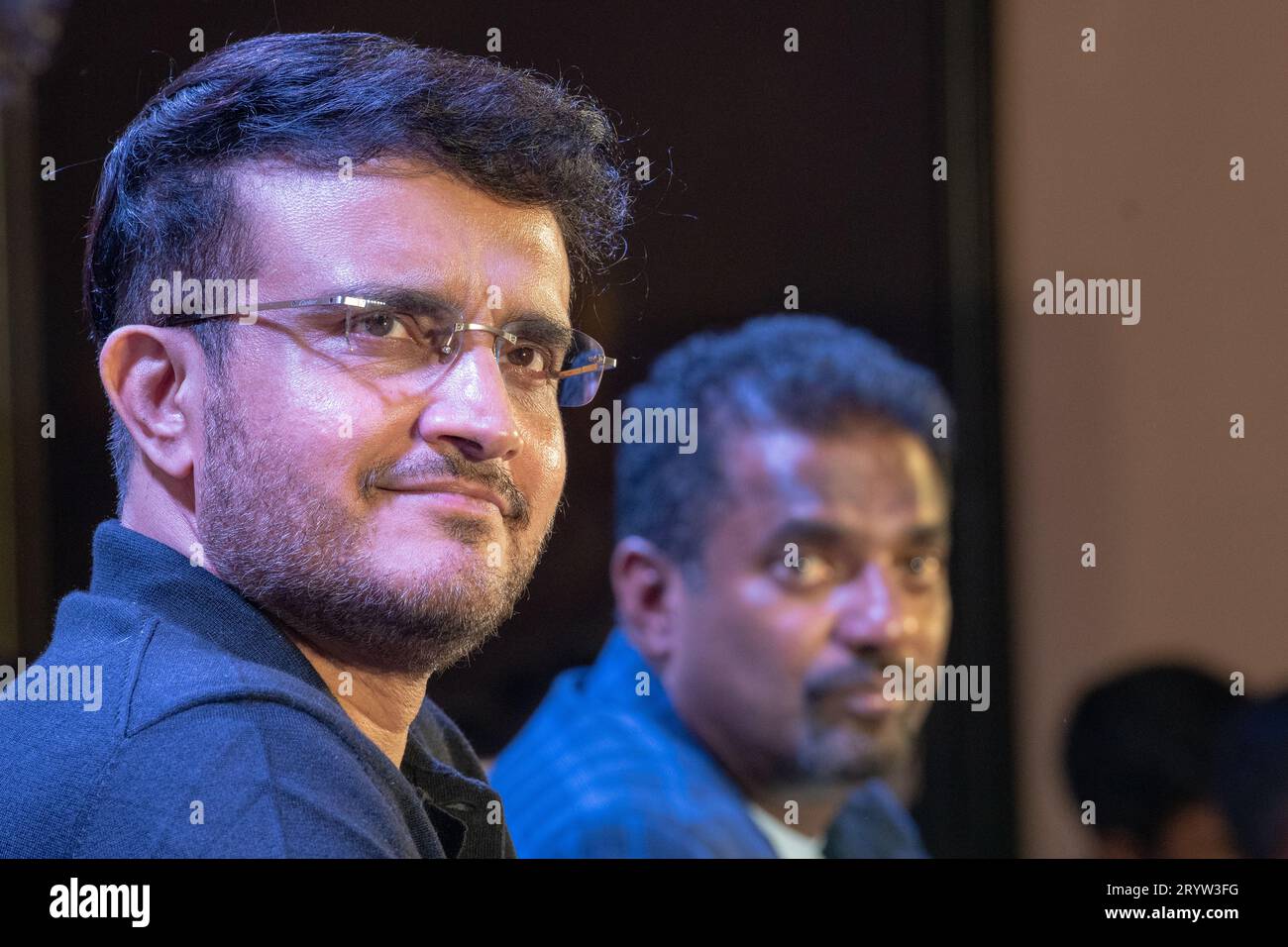 Legendary Sri Lankan cricketer Muthiah Muralidaran and Former Indian Cricket Captain and BCCI President Sourav Ganguly seen during the promotion of film 800, a biopic based on the life and career of cricketer Muthiah Muralidaran. Stock Photo