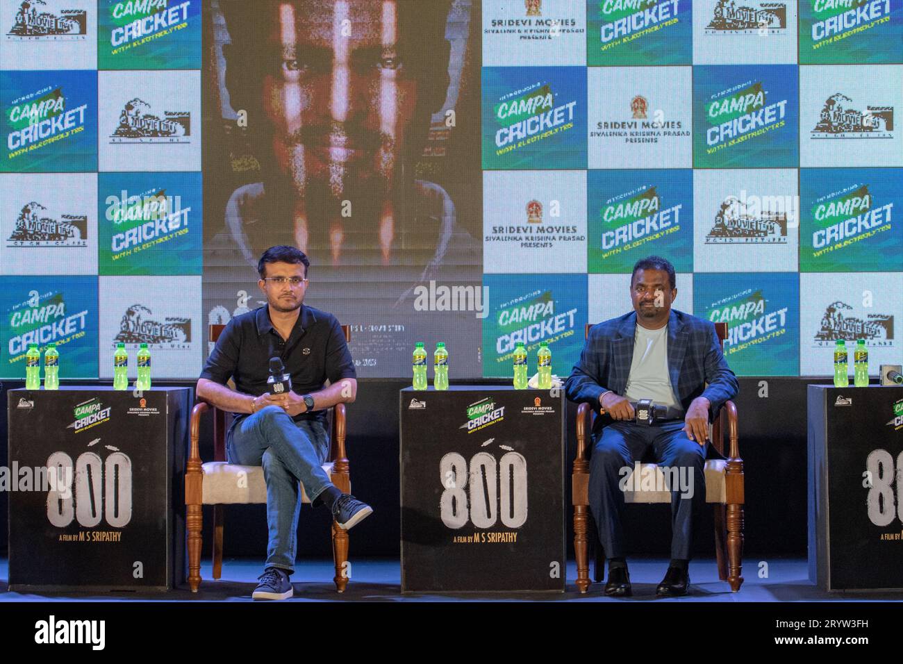 Legendary Sri Lankan cricketer Muthiah Muralidaran and Former Indian Cricket Captain and BCCI President Sourav Ganguly seen during the promotion of film 800, a biopic based on the life and career of cricketer Muthiah Muralidaran. Stock Photo
