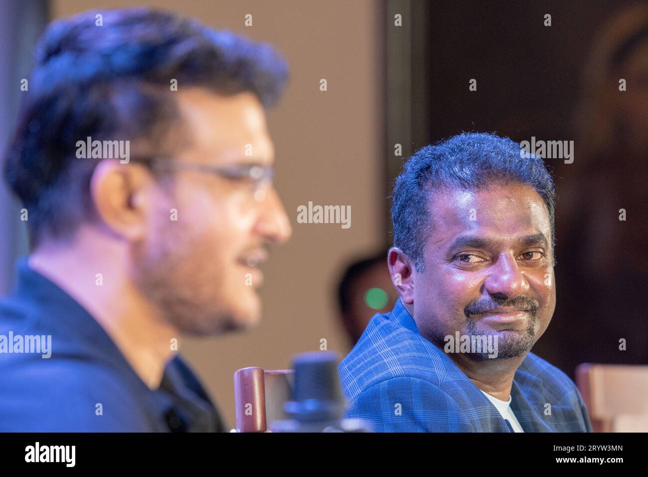 Kolkata, India. 28th Sep, 2023. Legendary Sri Lankan cricketer Muthiah Muralidaran and Former Indian Cricket Captain and BCCI President Sourav Ganguly seen during the promotion of film 800, a biopic based on the life and career of cricketer Muthiah Muralidaran. (Photo by Dipayan Bose/SOPA Images/Sipa USA) Credit: Sipa USA/Alamy Live News Stock Photo