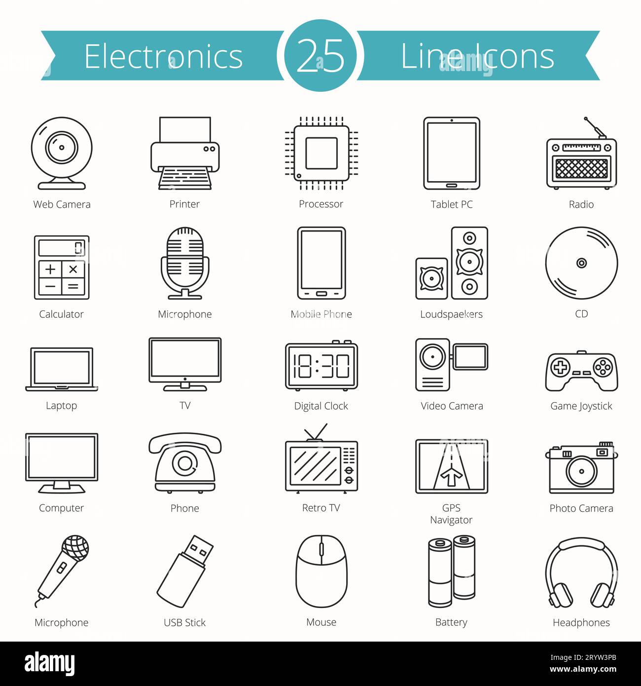 25 Electronics line icons, vector eps10 illustration Stock Vector