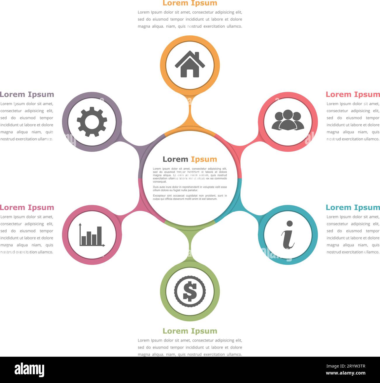 Circle diagram with six elements with icons and text, flow chart ...