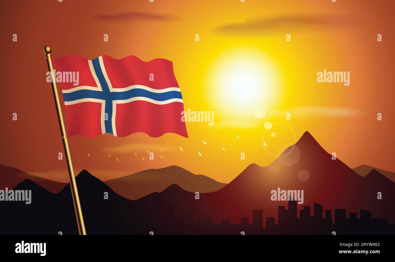 Norway flag with sunset background of mountains and lakes Stock Vector