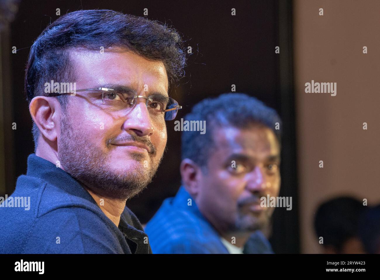 Legendary Sri Lankan cricketer Muthiah Muralidaran and Former Indian Cricket Captain and BCCI President Sourav Ganguly seen during the promotion of film 800, a biopic based on the life and career of cricketer Muthiah Muralidaran. (Photo by Dipayan Bose / SOPA Images/Sipa USA) Stock Photo