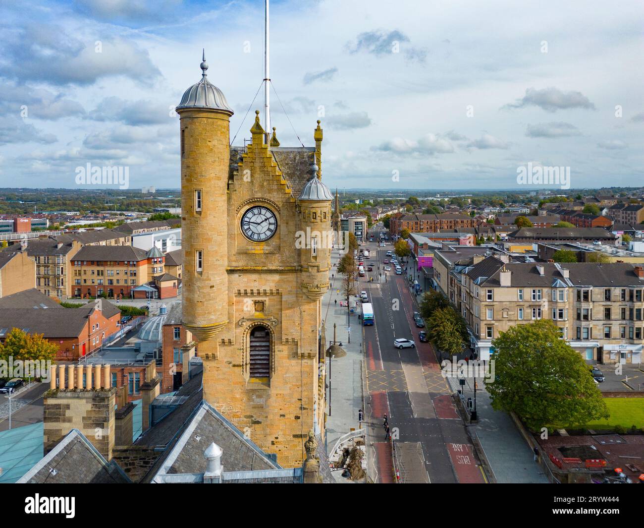 Rutherglen, Scotland, UK. 2nd October 2023. Aerial views of Rutherglen Town Hall in Rutherglen town centre ahead of the Rutherglen and Hamilton West by-election in this constituency. The Scottish Labour Party is hoping to take the seat from the SNP. The by-election is on 5 October 2023.  Iain Masterton/Alamy Live News Stock Photo