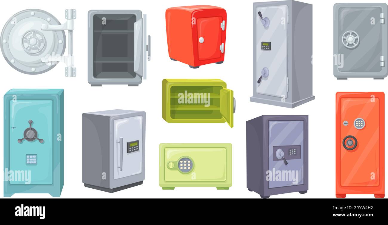 Cartoon metal safes. Iron strongbox, metallic safe boxes and bank vault