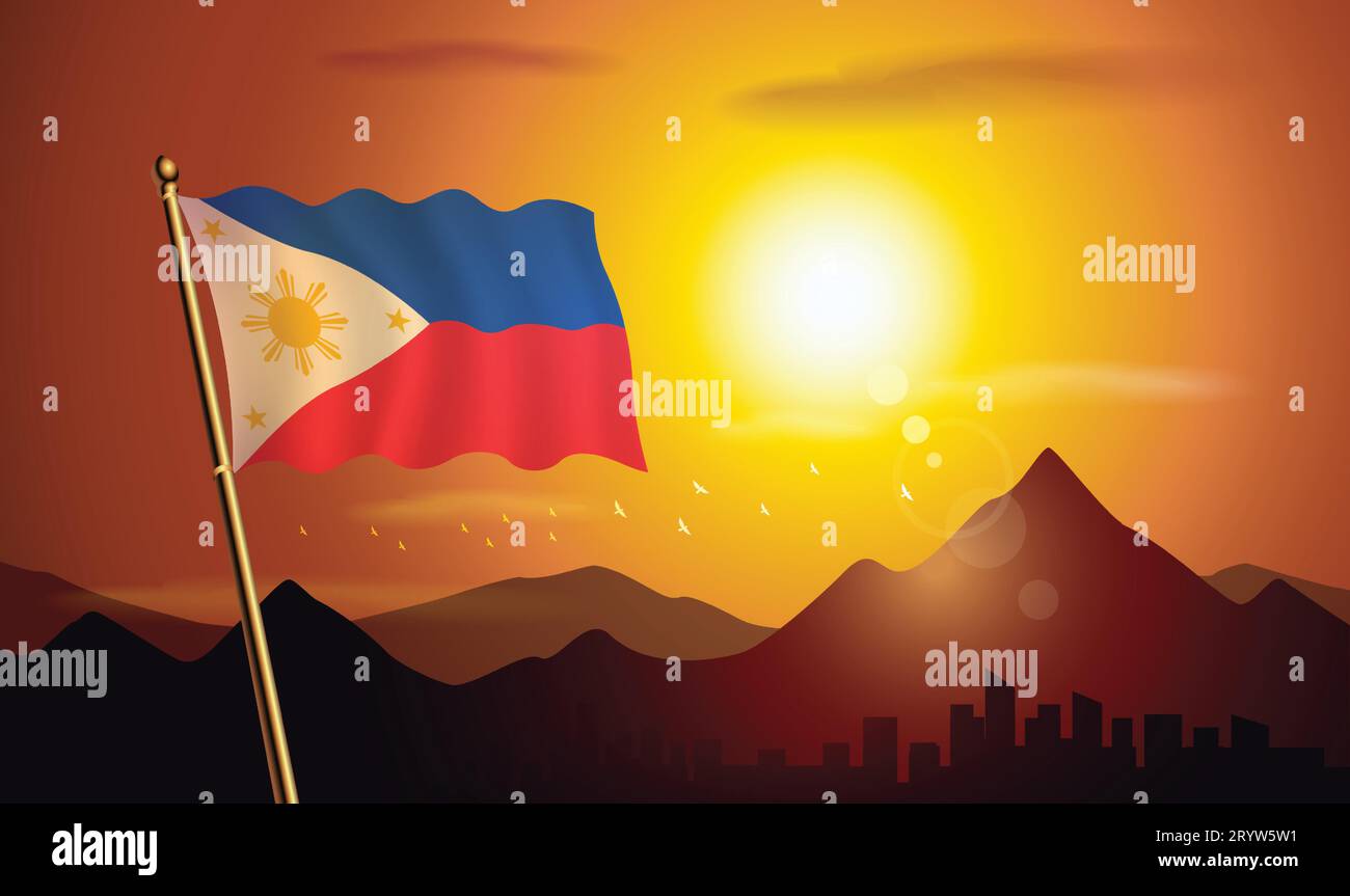flag with sunset background of mountains and lakes Stock Vector