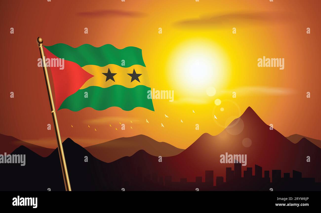 Sao Tome and Principe flag with sunset background of mountains and