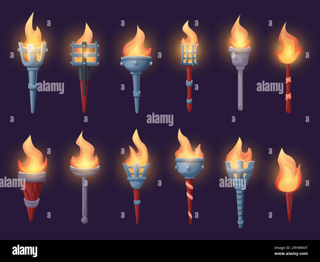 Cartoon medieval torches. Magic torch with fire flame and wooden handle. Ancient burning gaming torchlights for castle and adventure nowaday vector Stock Vector