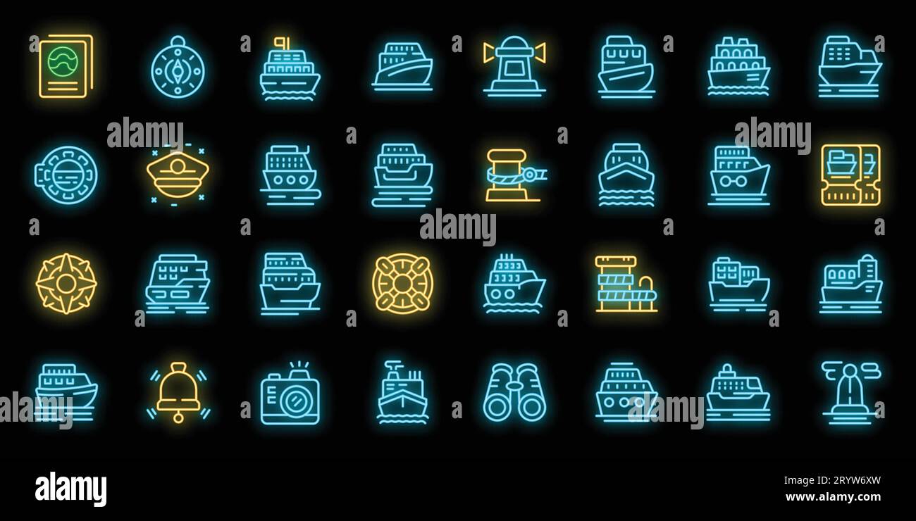 Travel by ship icons set outline vector. Sea boat. Ferry cruise neon color on black Stock Vector