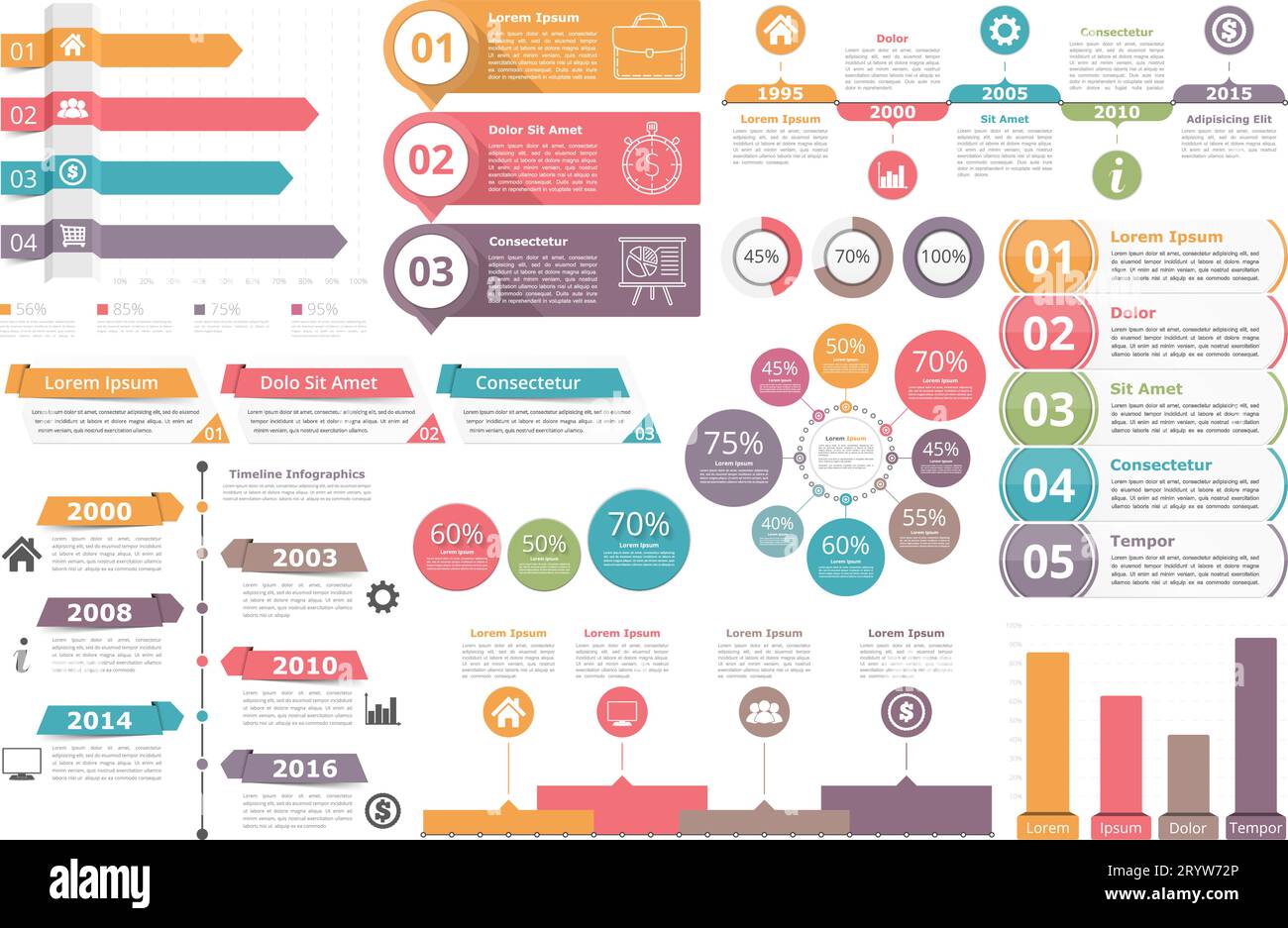 Set of infographic elements - bar graphs, timelines, circle diagram ...