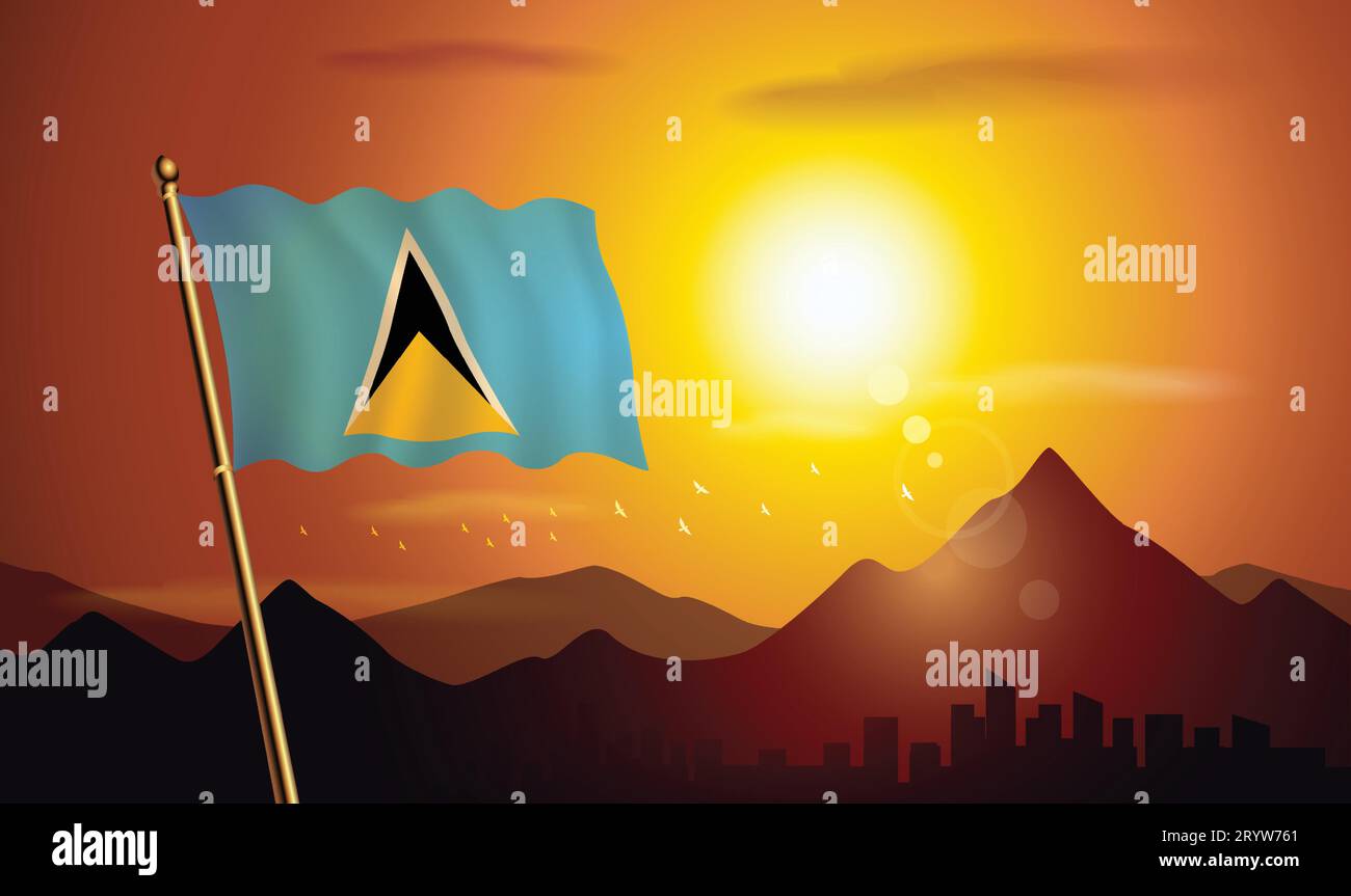 ST. Lucia flag with sunset background of mountains and lakes Stock Vector