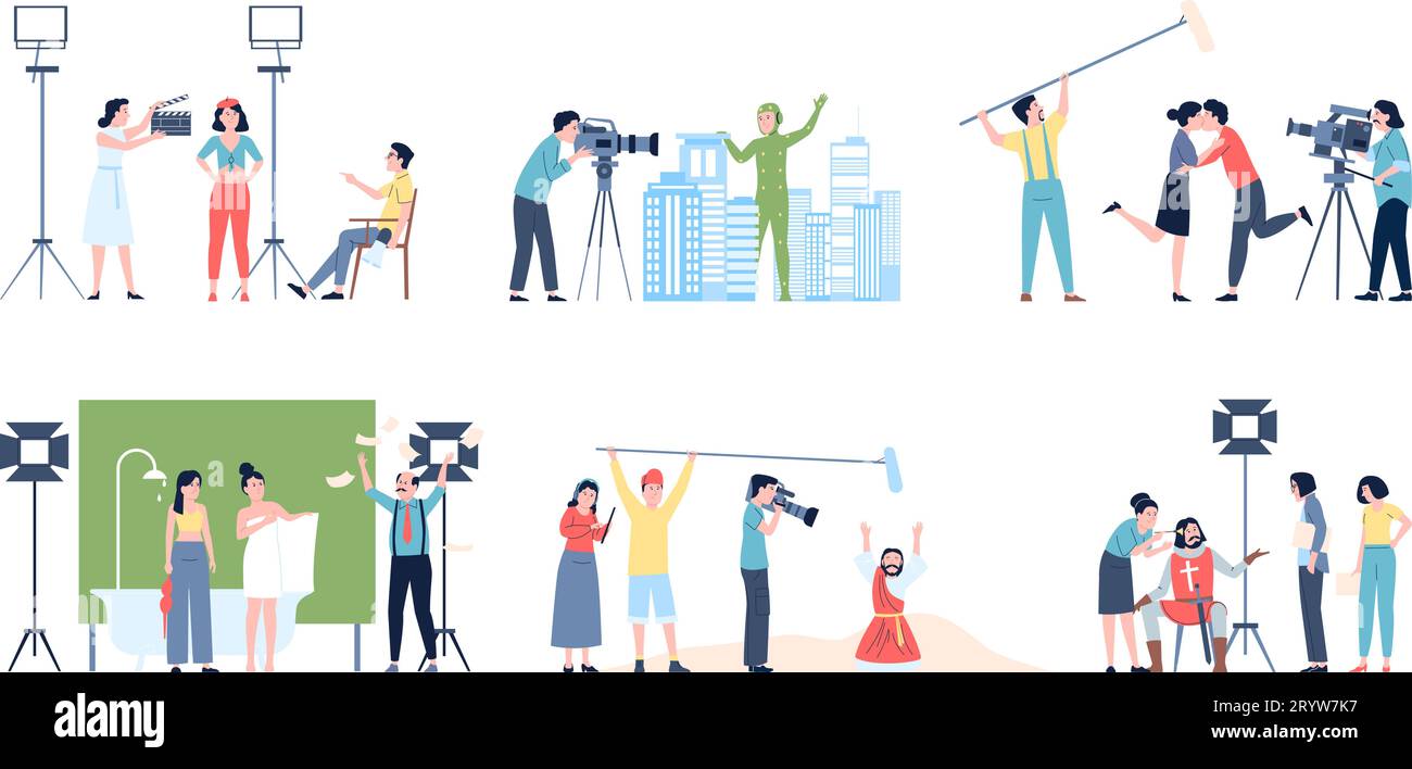 Film production flat scenes. Actors and actresses, direction and assistants. Shooting movie team, operator with camera, recent vector set Stock Vector