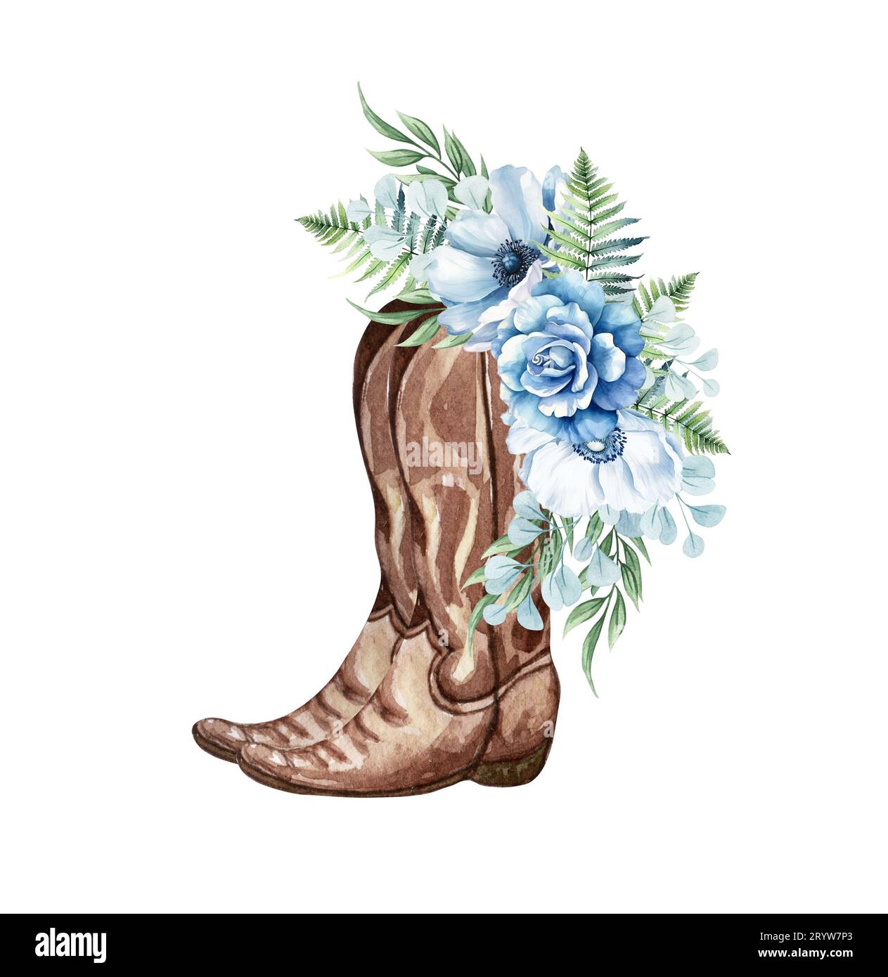 Watercolor floral cowboy boot. Western boots with blue flowers
