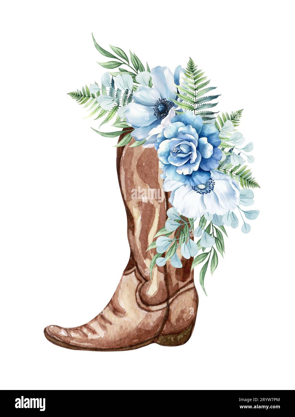 Watercolor floral cowboy boot. Western boots with blue flowers