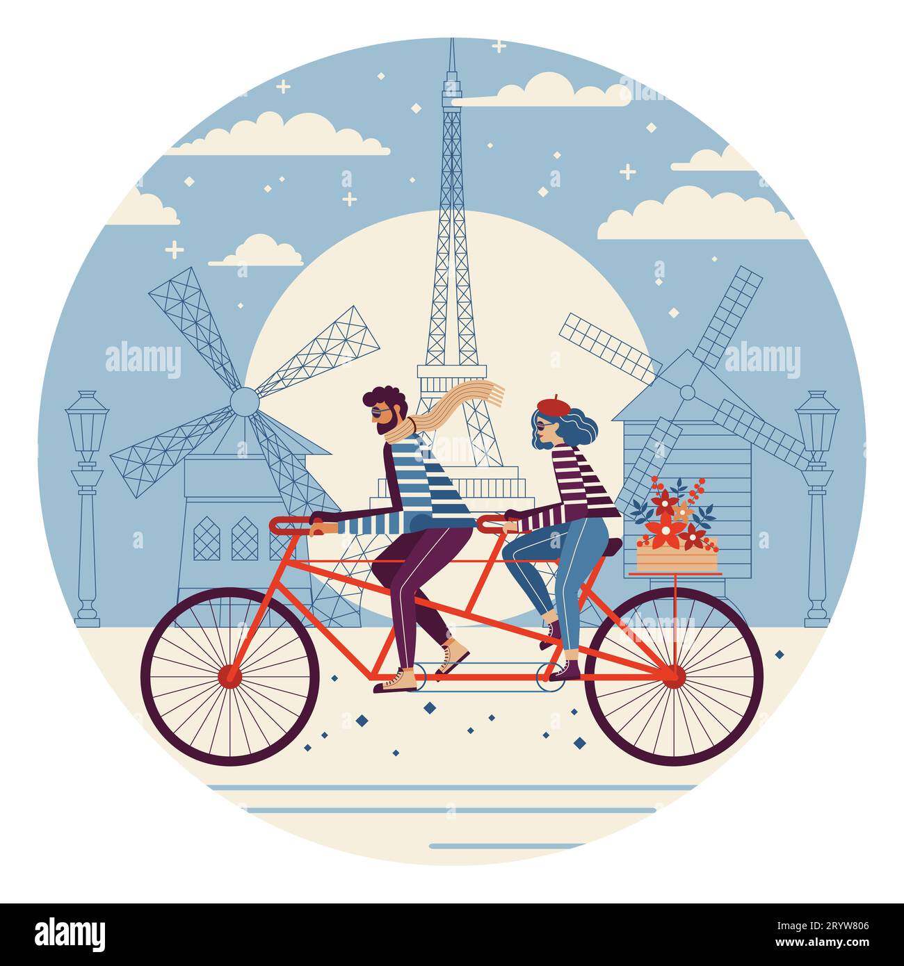 Couple Riding Tandem Bicycle Together in Paris Stock Vector Image & Art