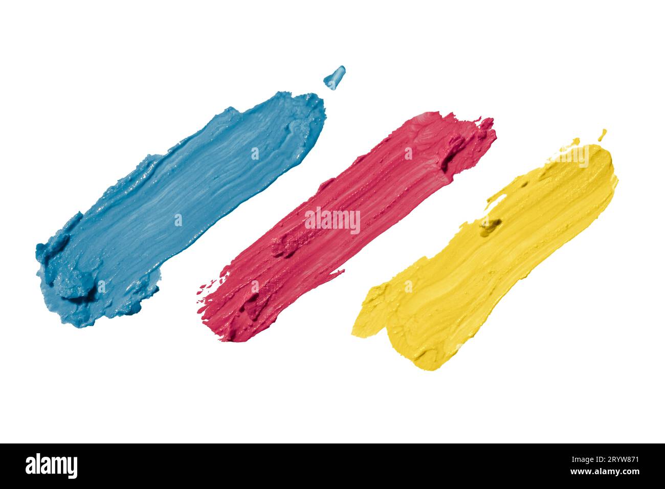 Blue, red and yellow paint brush strokes on white background with clipping path Stock Photo
