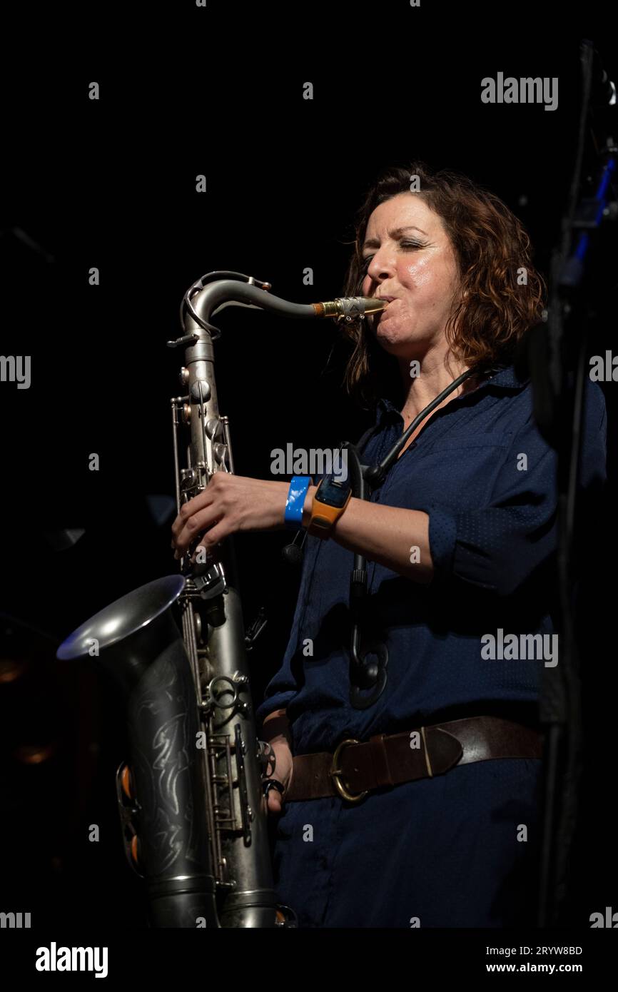 Tori Freestone playing tenor sax in duo with Alcyona Mick on piano, live at Scarborough Jazz Festival 2023 Stock Photo