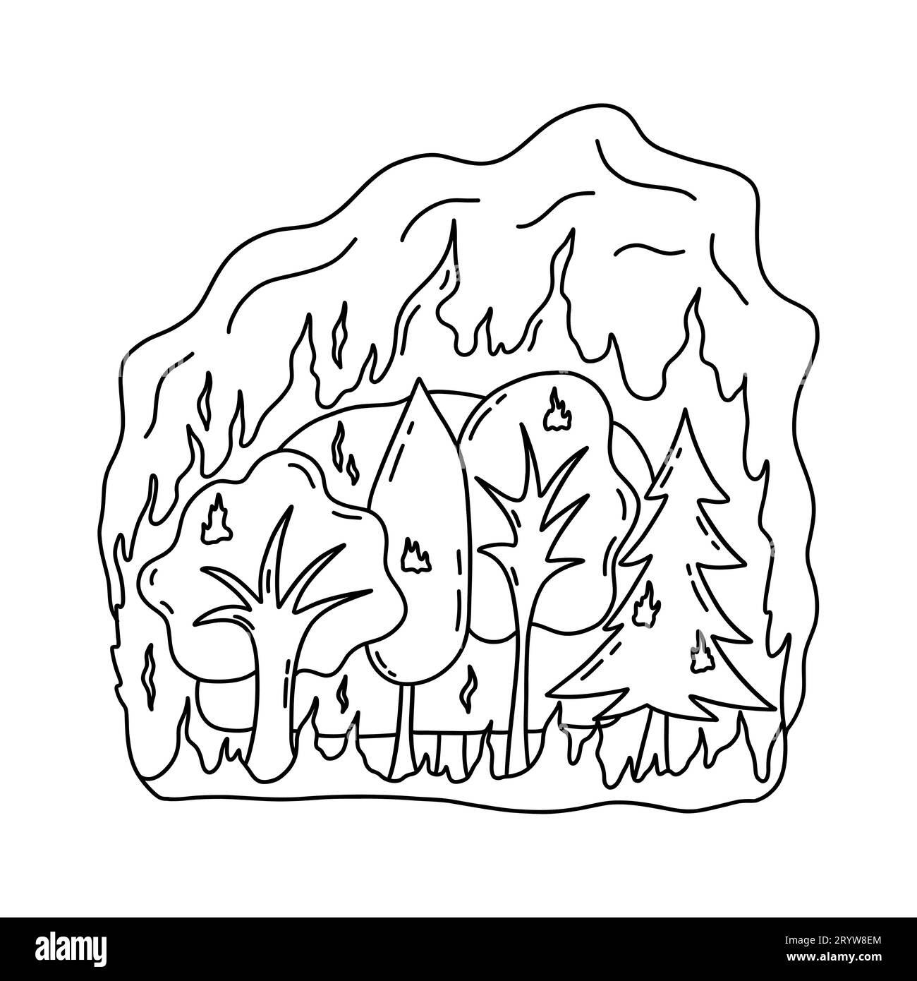 Forest fire, burning trees, lot of smoke. Save the forest. Emergency