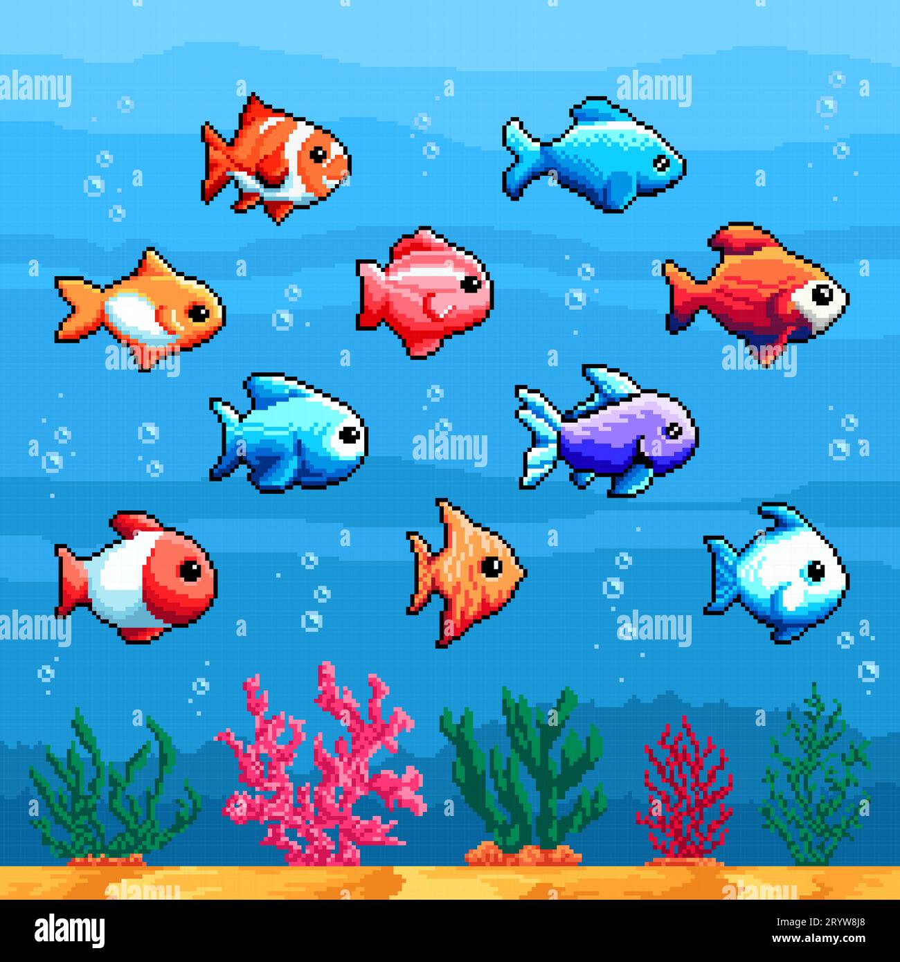 Sea and aquarium tropical pixel fish, 8 bit animals. Retro arcade  background, 2d platform console vector