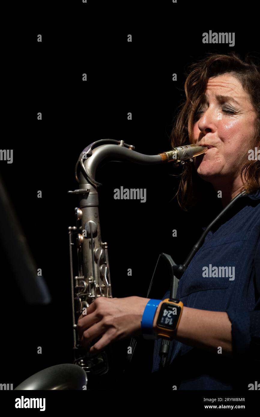 Tori Freestone playing tenor sax in duo with Alcyona Mick on piano, live at Scarborough Jazz Festival 2023 Stock Photo