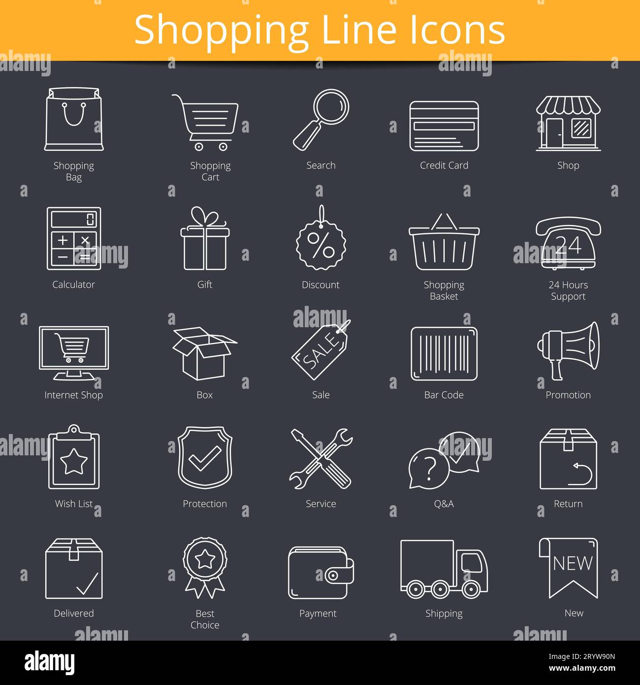 25 shopping or e-commerce line icons, vector eps10 illustration Stock Vector