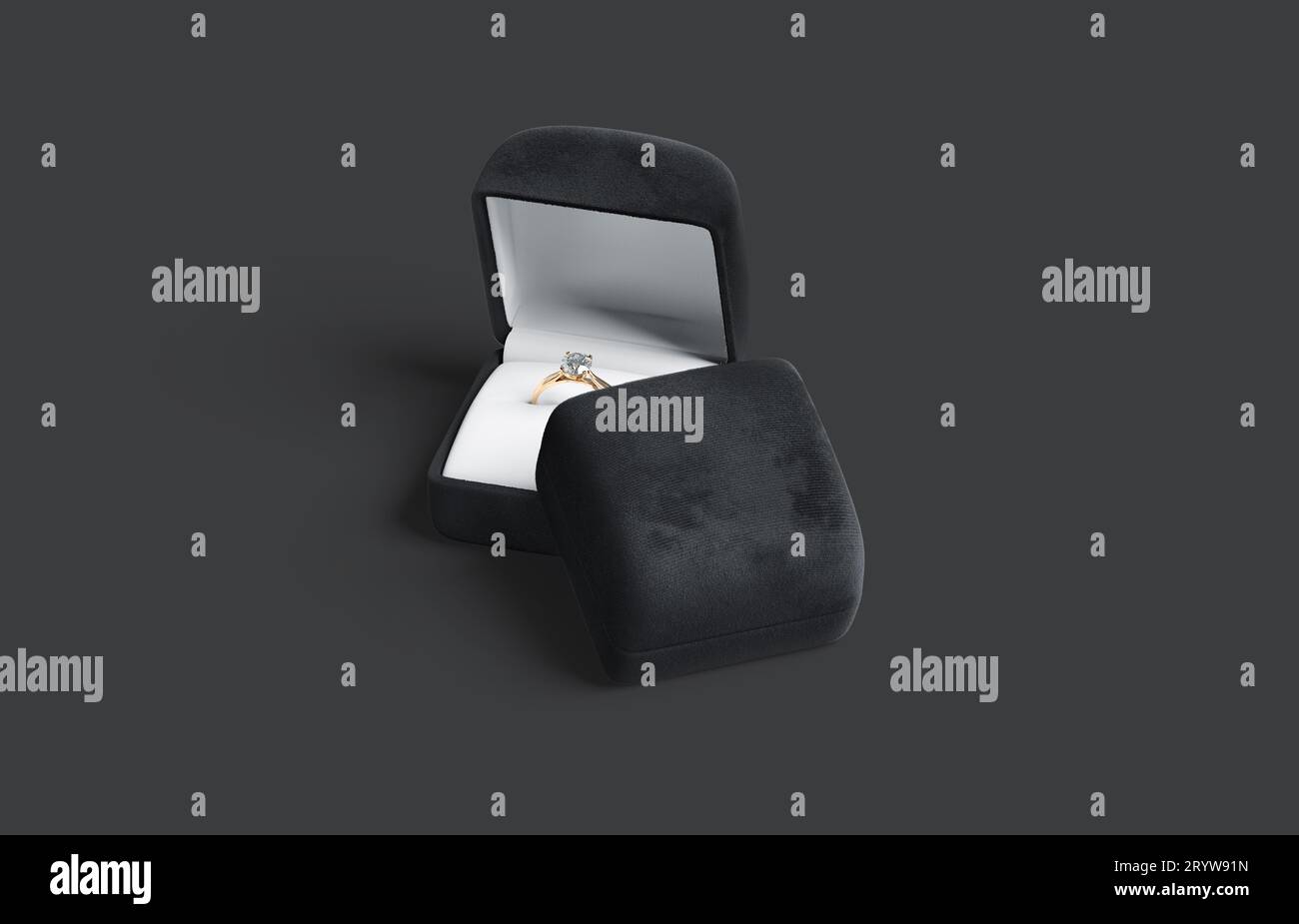 Blank black box with diamond ring stack mockup, dark background, 3d rendering. Empty plush compact square case for engagement jemstone mock up. Clear Stock Photo