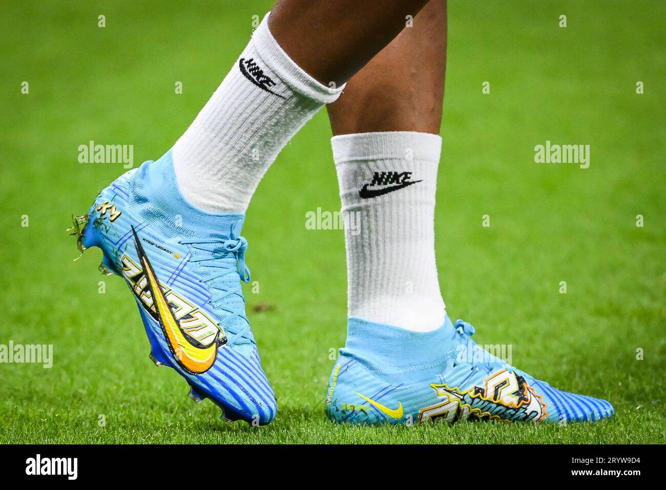 Decines Charpieu, France. 03rd Sep, 2023. Illustration of the Nike Zoom  Mercurial Superfly 9 Elite shoes of Kylian Mbappe of PSG during the French  championship Ligue 1 football match between Olympique Lyonnais (