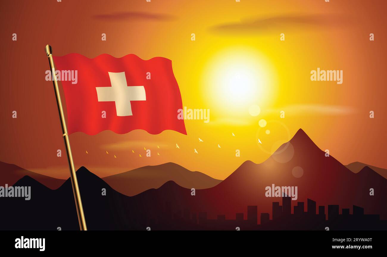 Switzerland flag with sunset background of mountains and lakes Stock