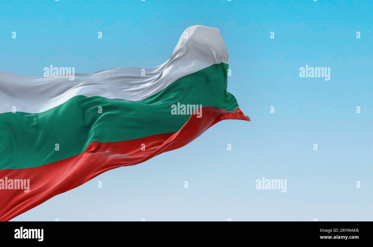 Bulgaria national flag waving in the wind on a clear day. White, green and red horizontal