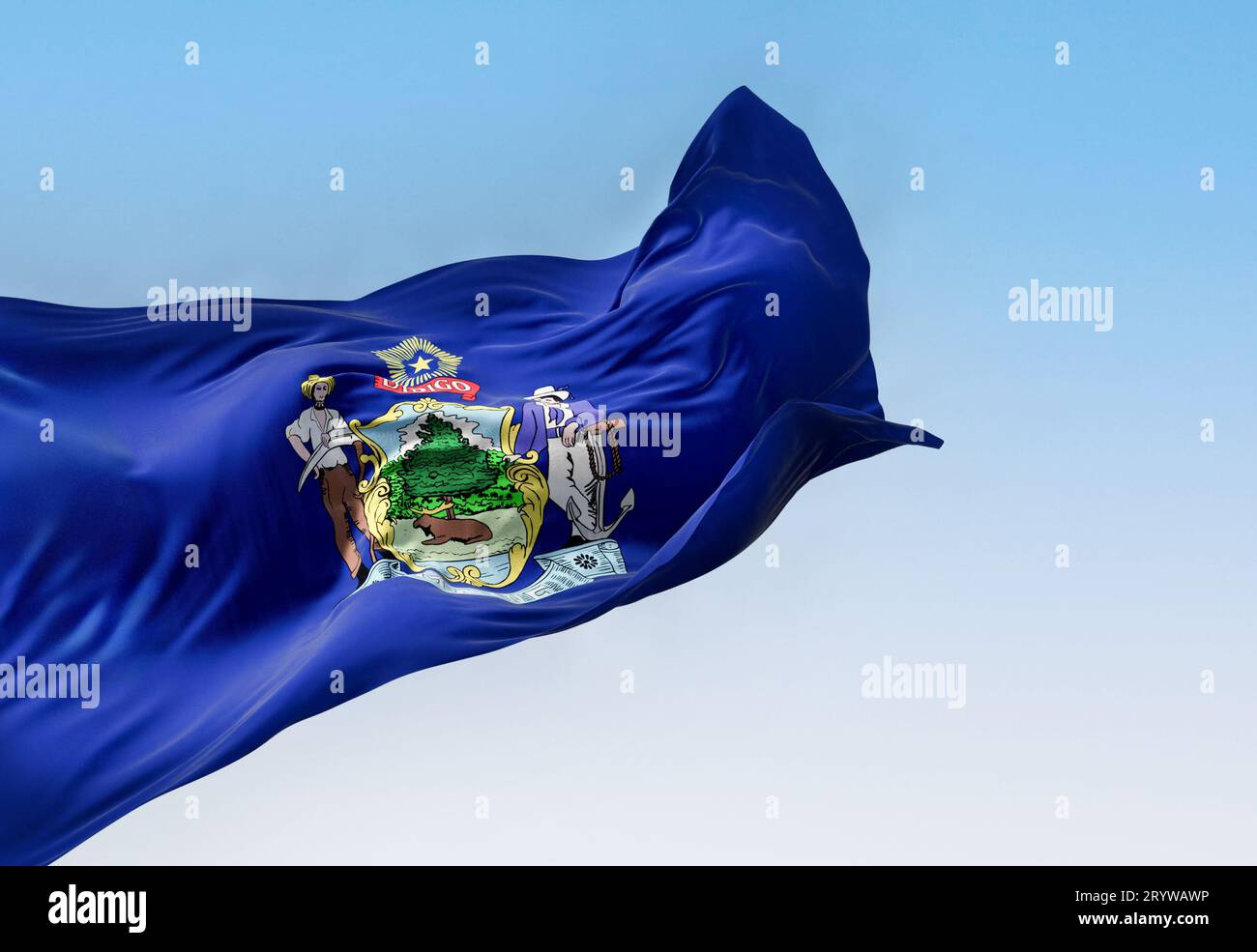 Maine state flag waving in the wind on a clear day. State coat of arms centered on a dark blue field. 3d illustration render. Rippled fabric Stock Photo