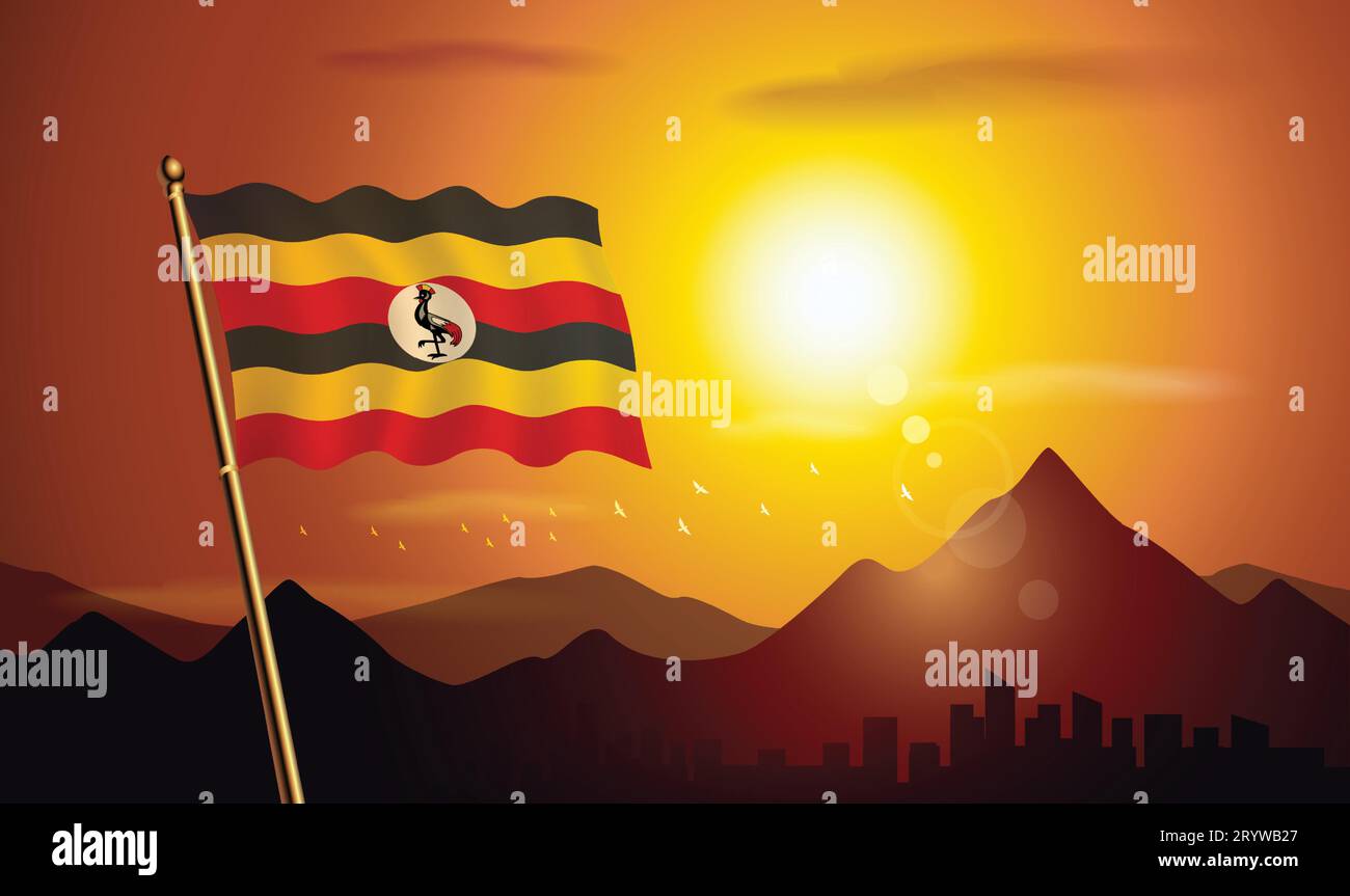 Uganda flag with sunset background of mountains and lakes Stock Vector