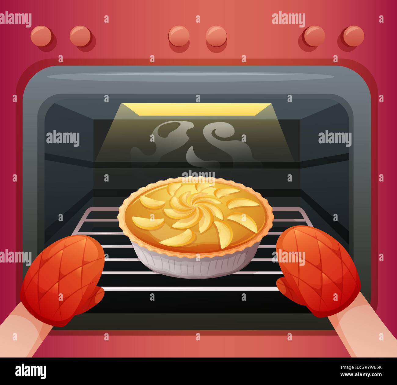 Pie from oven. Hands in fireproof gloves take cake out cooker, rustic