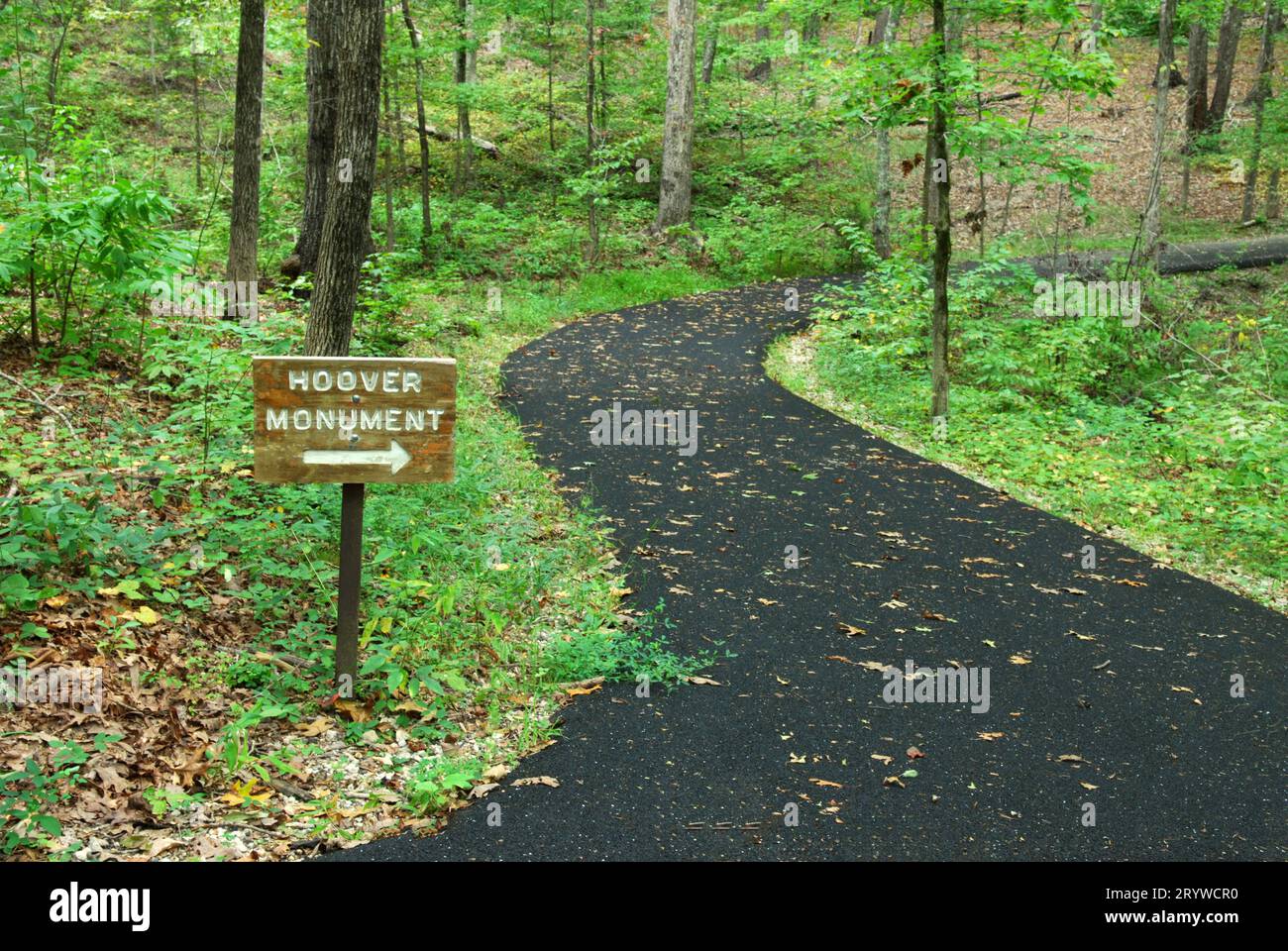 Photo shows Hoover Monument sign beside hiking trail at the Kings Mountain National Military Park, South Carolina USA. Stock Photo
