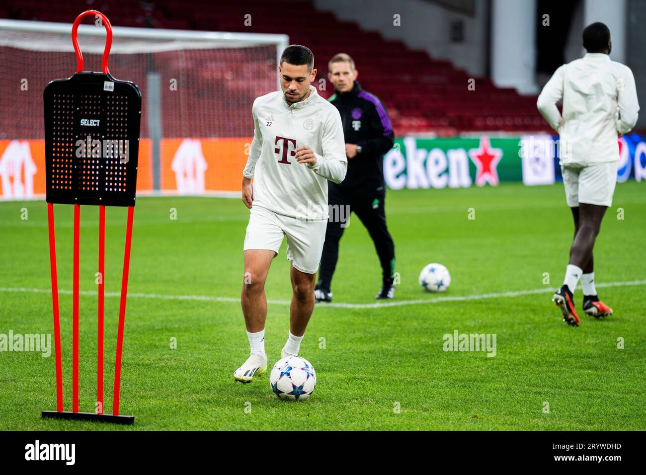 Bayern Munich player Raphael Guerreiro attend a training session at Parken stadium in Copenhagen on October 2, 2023 ahead of their UEFA Champions League Group A football match against FC Copenhagen. Stock Photo